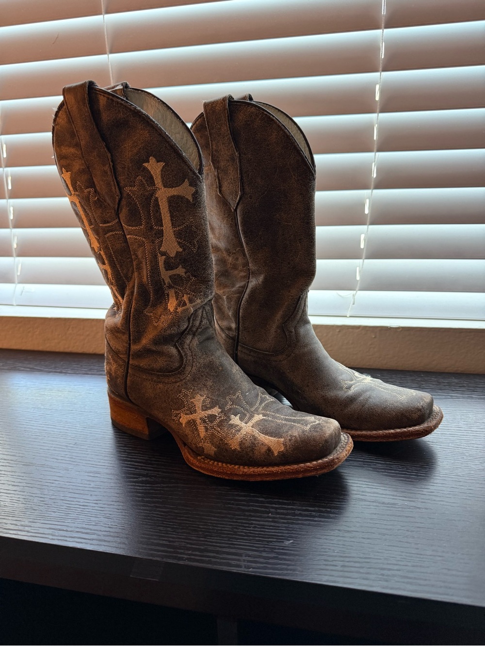 Circle G Brown Distressed Leather Cross-Embossed Cowboy Boots